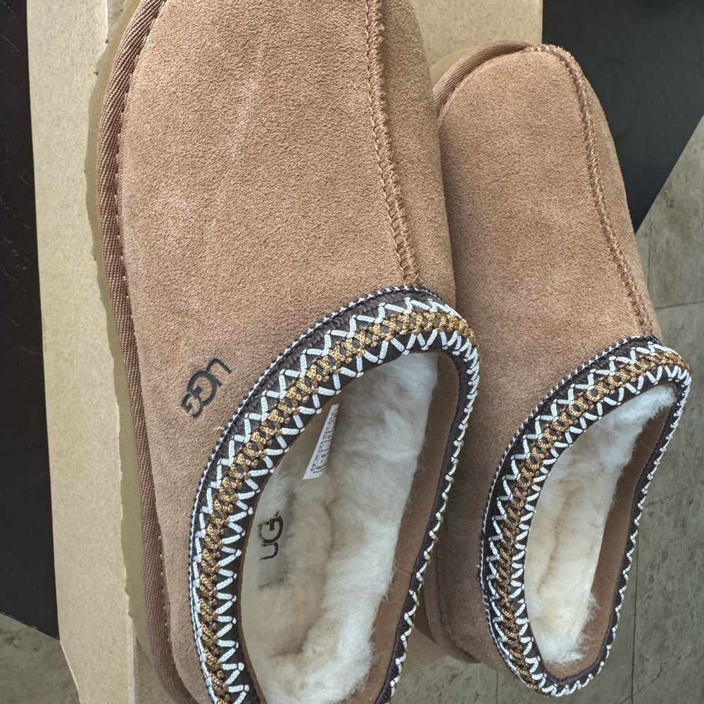 UGG Tan Slippers with White and Brown Accents